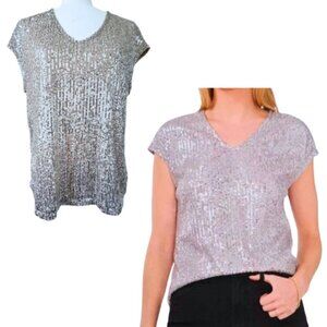 CECE Silver Sequin Cap Sleeve V-Neck Top Size M